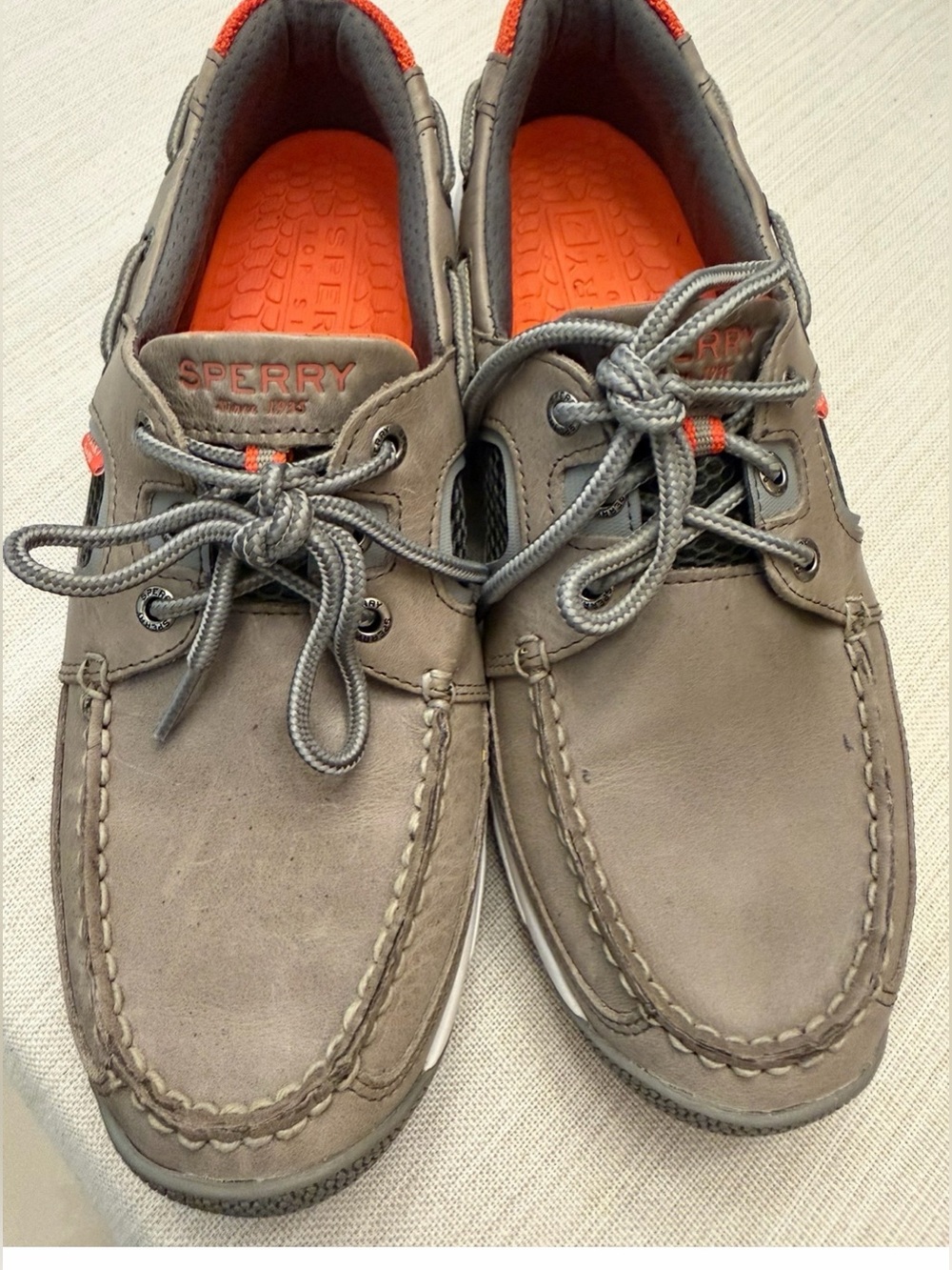 Gently worn, Sperry Men’s Taupe Boat Shoes with Orange Insole Accents, size 8.5